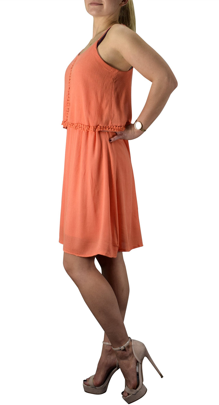 Spaghetti Strap Cut Out Back Lined Overlay Summer Crepe Dress
