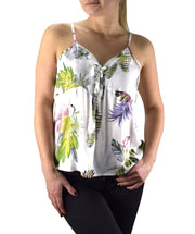 Peach Couture Floral Leaf Print Spaghetti Strap Tie Neck Blouse Tops Shirts