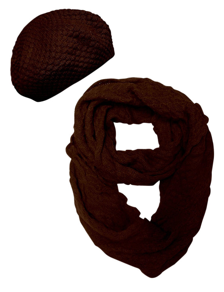 Brown Pair Peach Couture Womens Warm Winter Knit Beret Hat and Infinity Loop Scarf Set