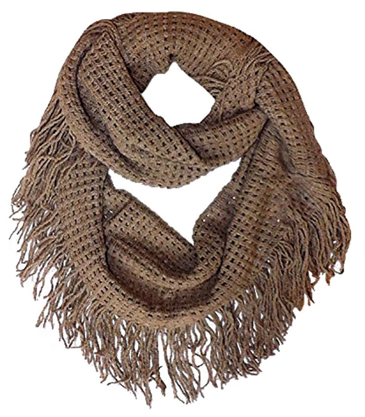 Tan Peach Couture Warm and Soft Fashionable Checkered Fringe Infinity Loop Scarf