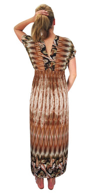 Damask Print Cap Sleeves Smocked Waist Plus Sized Maxi Dresses