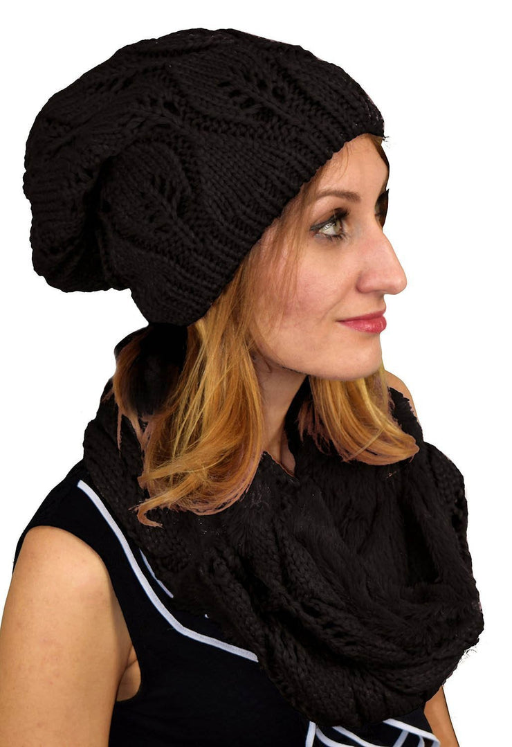 Black Peach Couture Thick Cable Knit Weave Beanie Hat Plush Infinity Loop Scarf 2 Pack