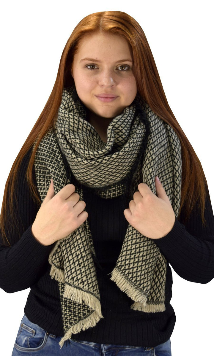 Black and white plaid tartan herringbone reversible oversized winter blanket scarf with fringe edges