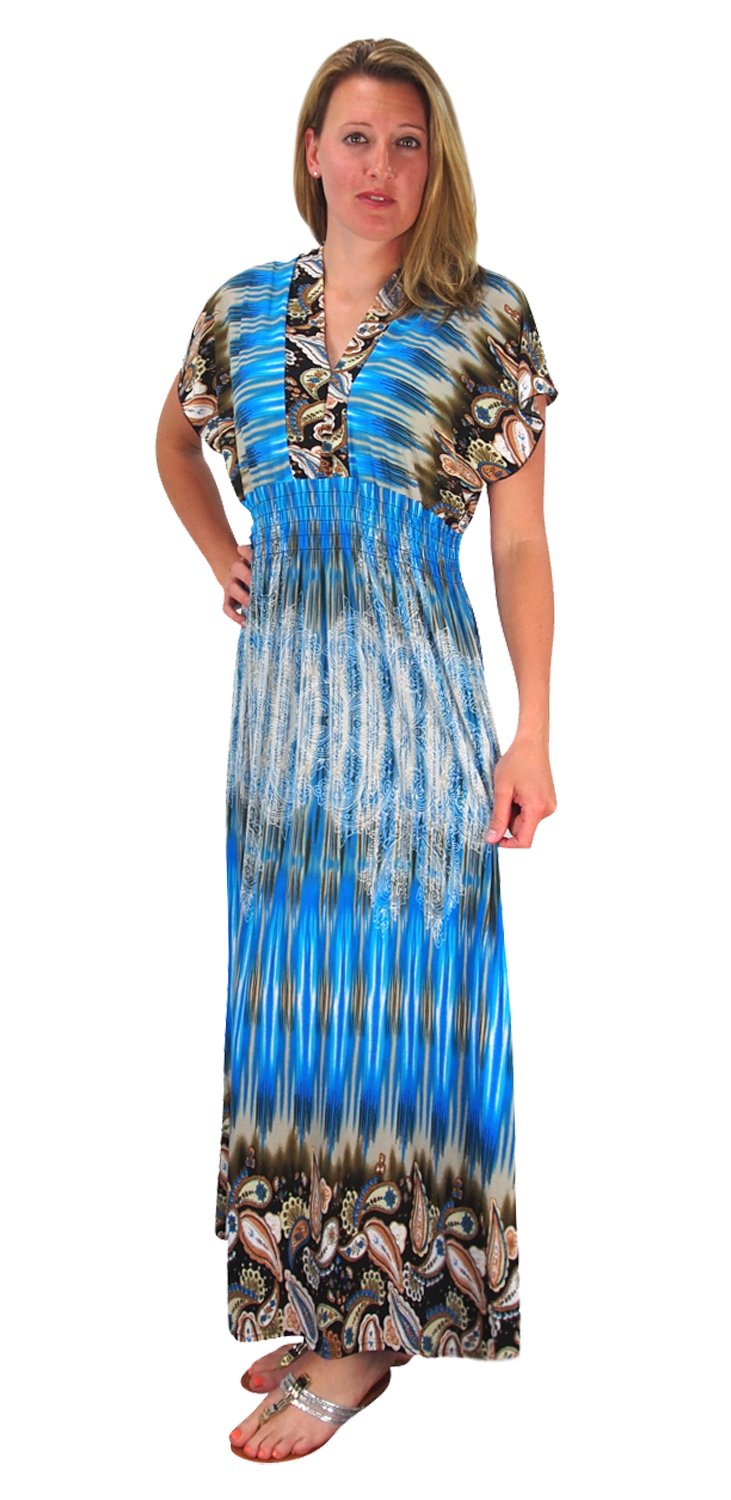 Damask Print Cap Sleeves Smocked Waist Plus Sized Maxi Dresses