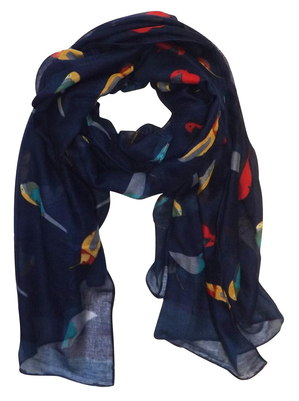 Navy blue and peach vintage lightweight graphic finch bird print scarf for women