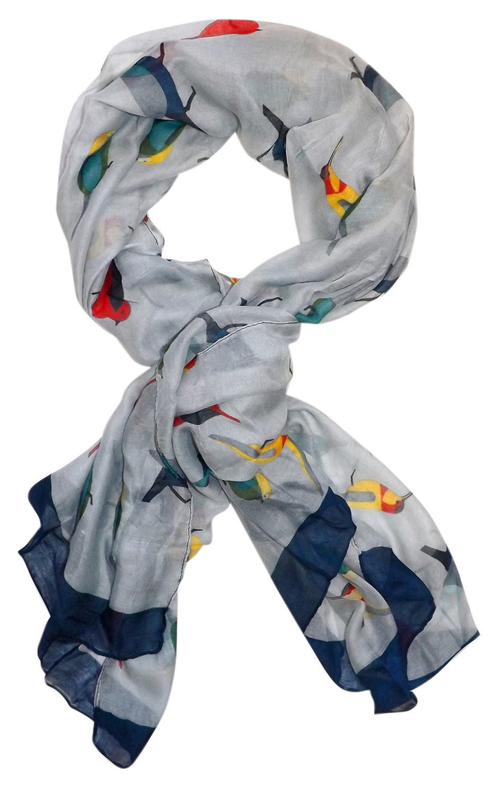 Lightweight summer and fall bird print fashion scarf with a multicolor graphic design and a vintage faded look.