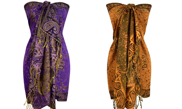 Purple/Pumpkin 2 Pack Elegant Reversible Paisley Pashmina Shawl Wrap Multi-Packs