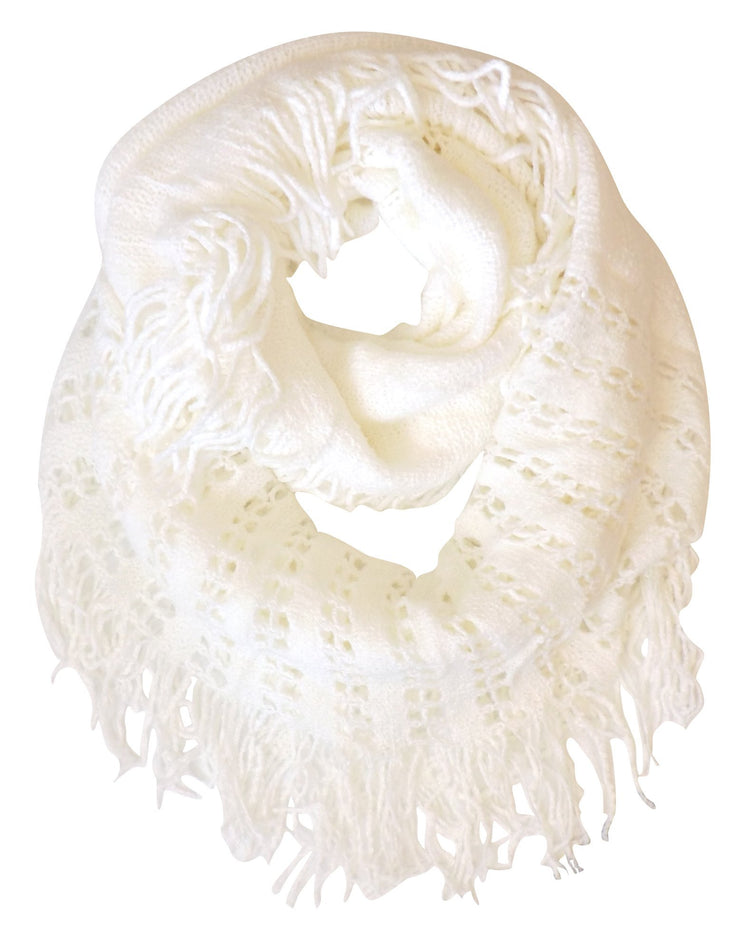 Cream Square Peach Couture Warm Bohemian Crochet Hand Knitted Fringe Infinity Loop Scarf Wrap