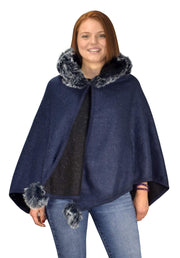 Womens Faux Fur Relaxed Fit Poncho Cape Pullover Sweater