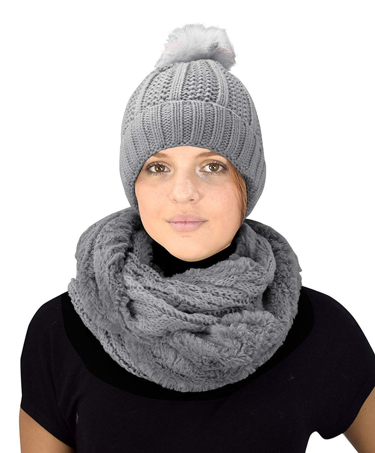 Grey 98 Peach Couture Thick Warm Crochet Beanie Hat & Plush Fur Lined Infinity Loop Scarf Set