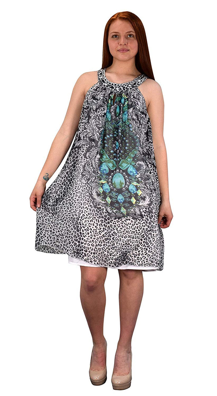 Bohemian Free-Flowing Floral Tunic Vacation Summer Frock Swing Dress (Small, Animal Turquoise)