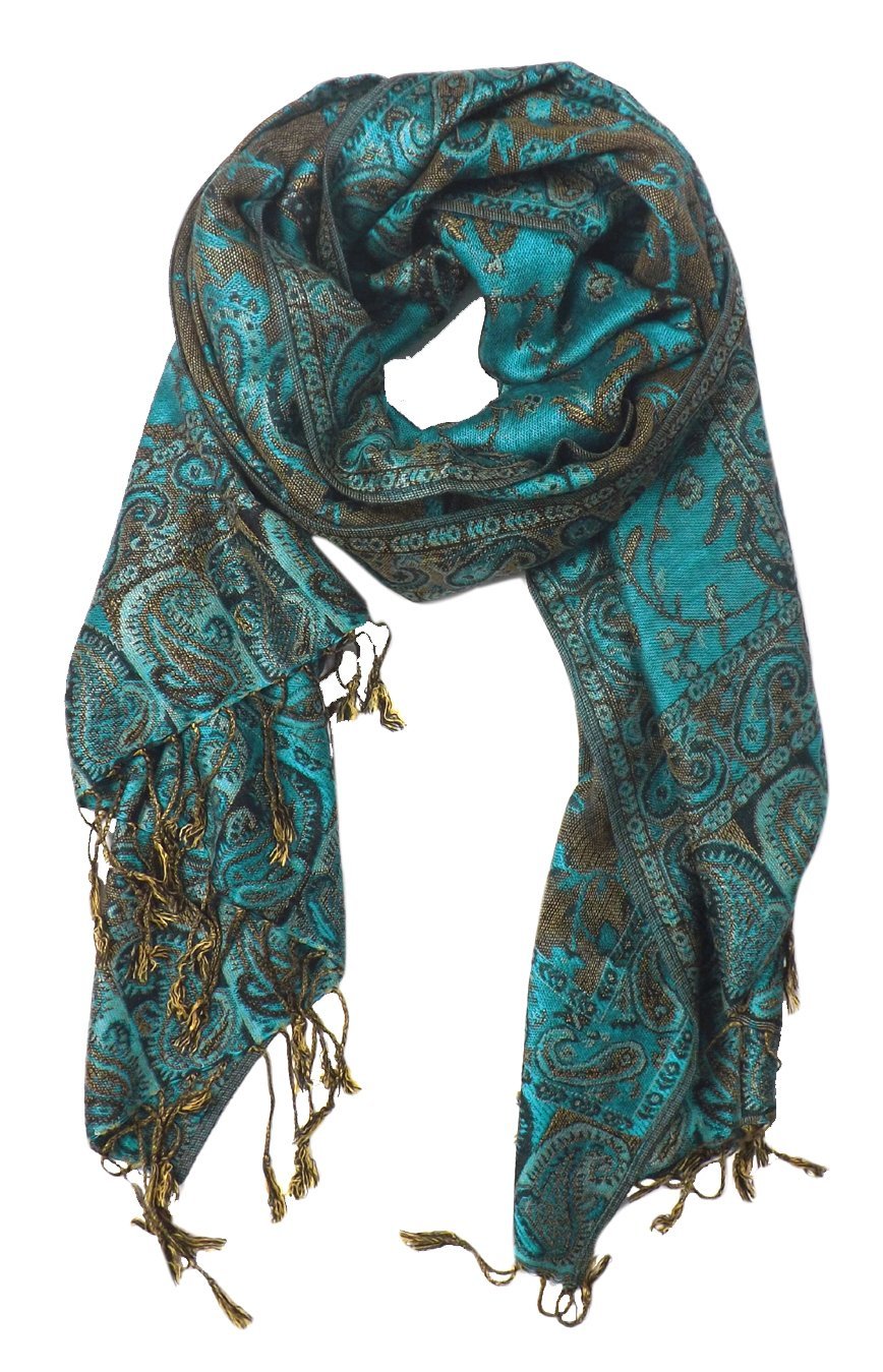 Reversible pashmina shawl featuring an intricate paisley pattern in teal and peach with fringed ends.