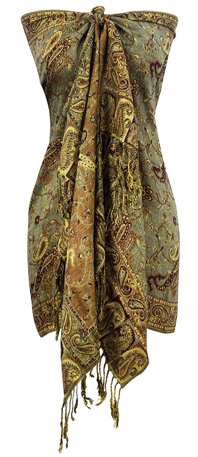 Elegant double layer reversible pashmina shawl with an intricate paisley pattern in sage and peach.