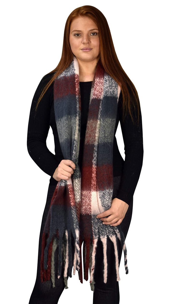 Pink Winter Soft and Warm Casual Knitted Plaid Chunky Wrap Scarf with Tassels
