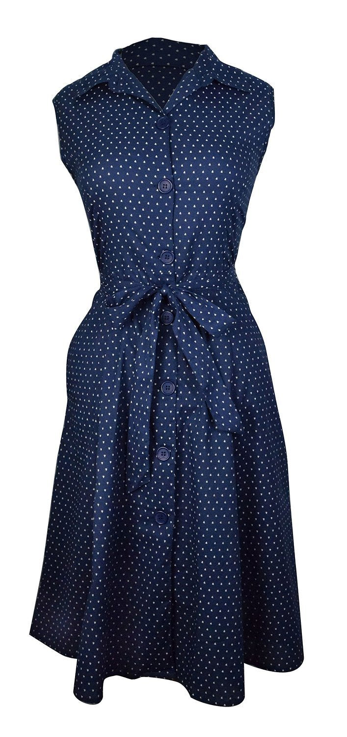 Peach Couture Navy Polka Dot Vintage Retro Button Up Party Dress with Belt