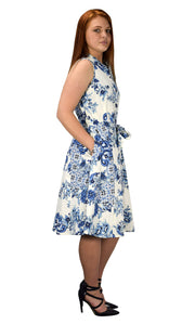 Peach Couture Blue Floral Vintage Retro Button Up Party Dress with Belt