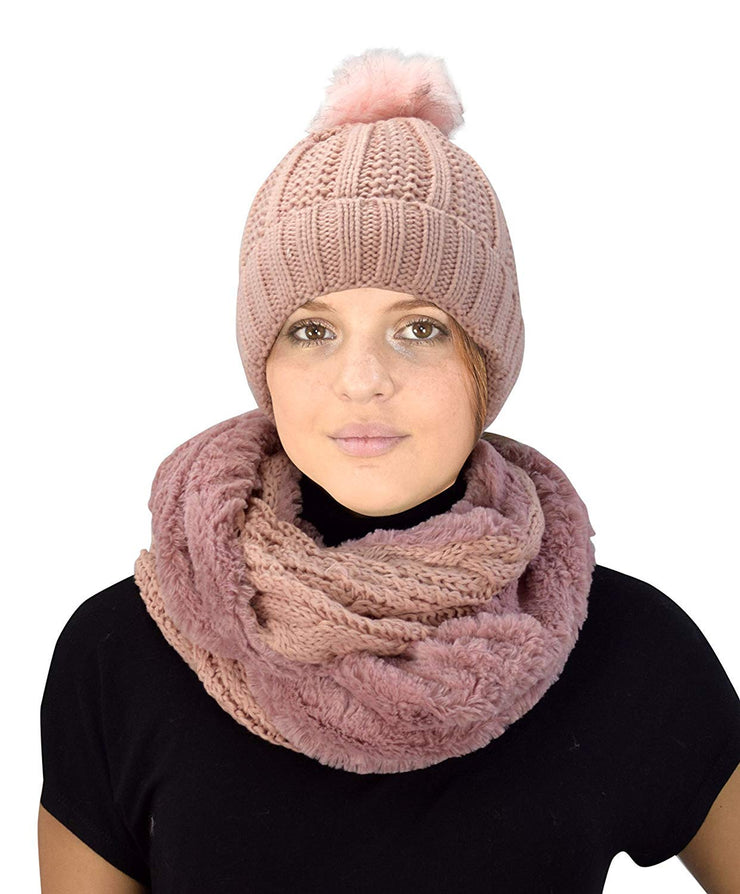 Pink 98 Peach Couture Thick Warm Crochet Beanie Hat & Plush Fur Lined Infinity Loop Scarf Set