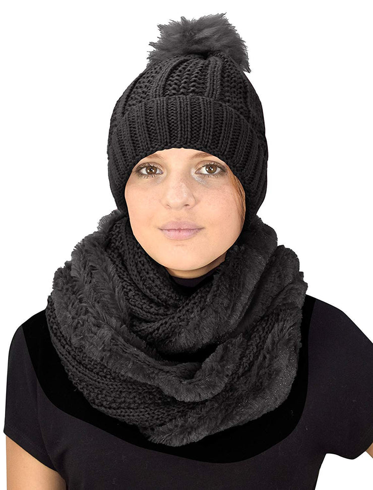 Black 98 Peach Couture Thick Warm Crochet Beanie Hat & Plush Fur Lined Infinity Loop Scarf Set