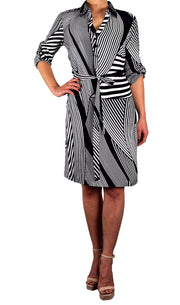 Women's Elegant Soft Striped Button V Neck Shift Dress 3/4 Sleeves