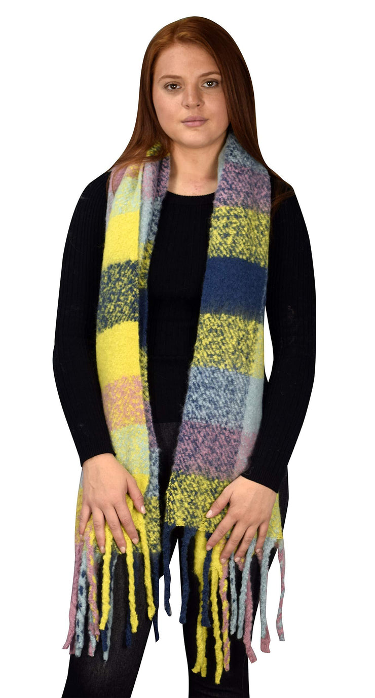 Yellow Winter Soft and Warm Casual Knitted Plaid Chunky Wrap Scarf with Tassels