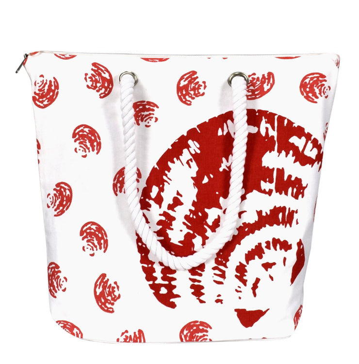 100% Cotton Seashells Print Canvas Classy Beach Tote Handbags - Red