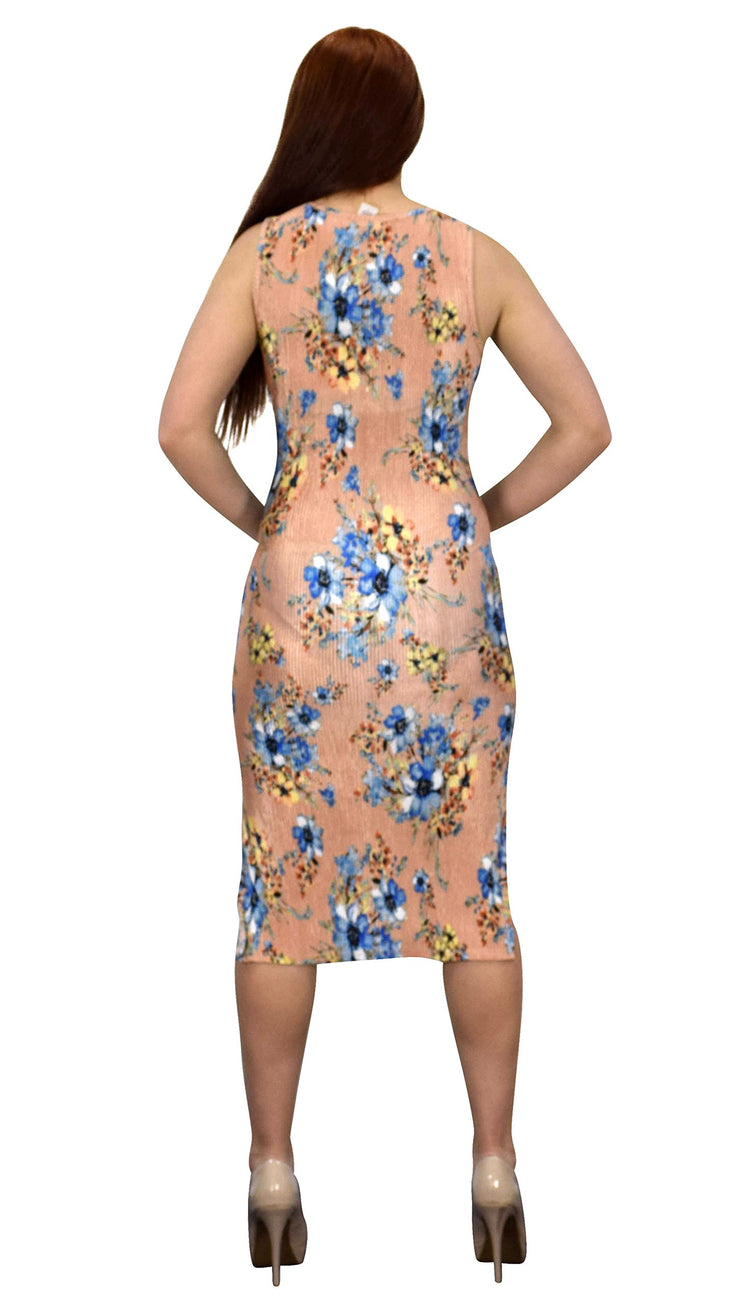 Womens Floral Print Sleeveless Pleat Fabric Bodycon Dress