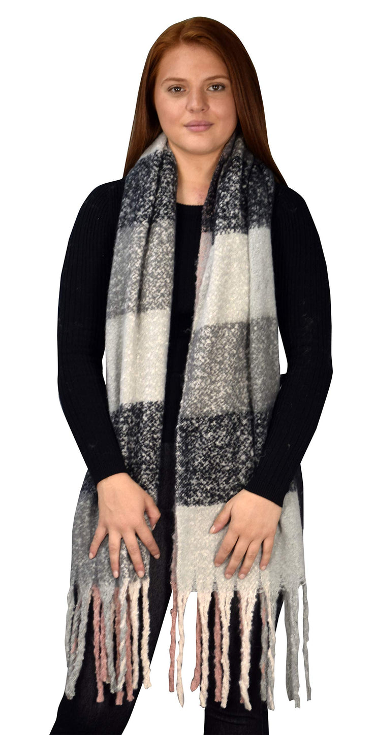 Winter Soft and Warm Casual Knitted Plaid Chunky Wrap Scarf with Tassels Pink Grey