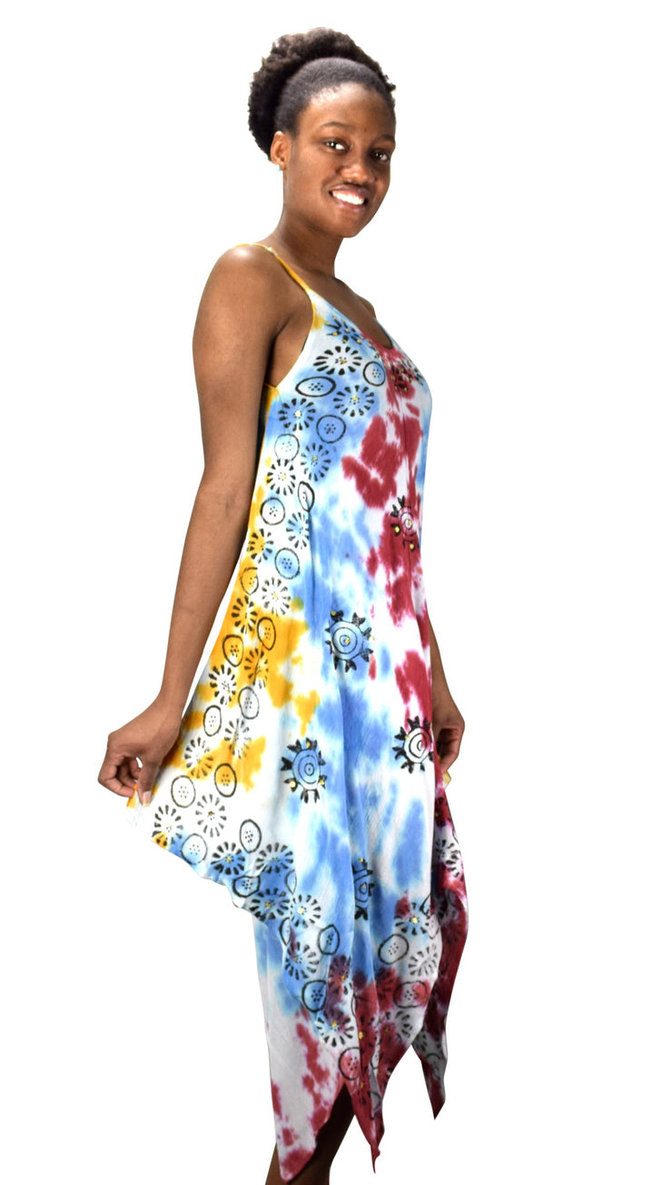 Floral Tie Dye Handkercheif Hem Sleeveless Summer Dress Cover up