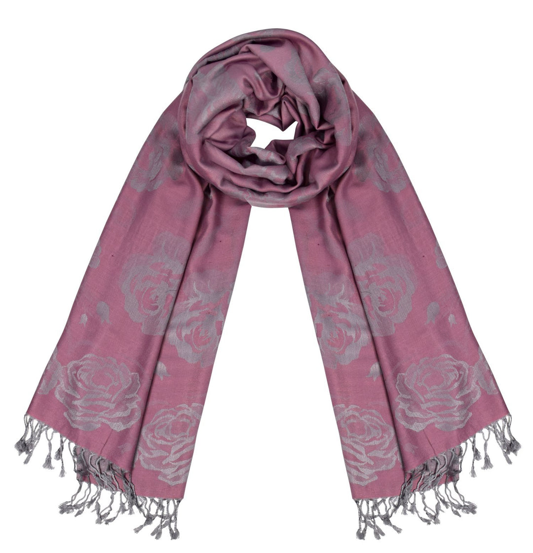Rose Pink Silver Peach Couture Elegant Floral Pattern Pashmina Wrap Shawl Scarf