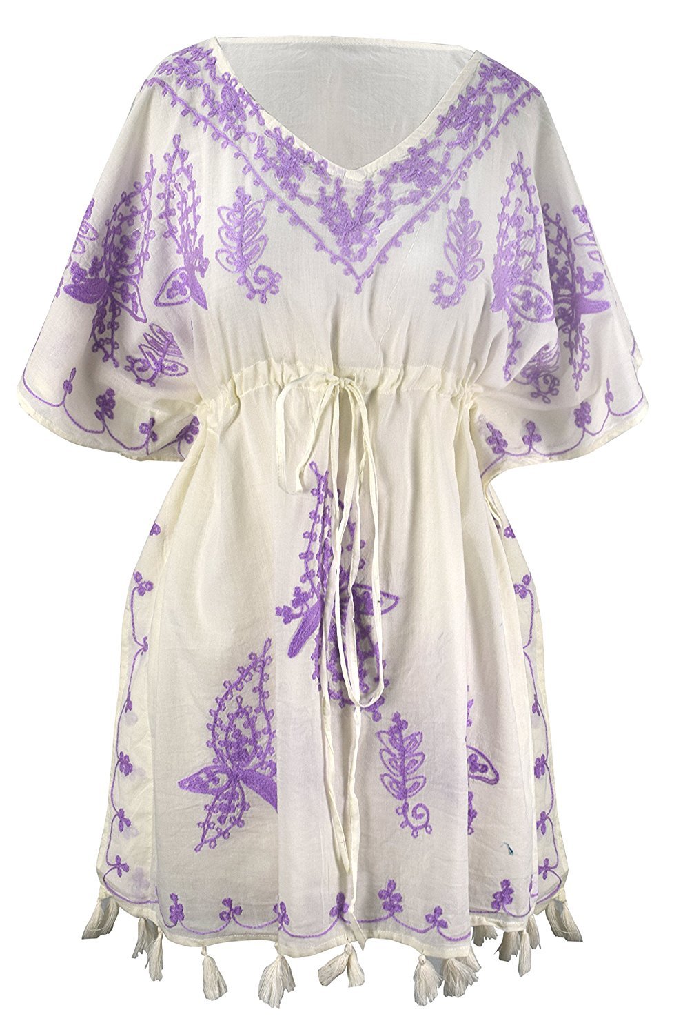 Cream violet cotton cover-up kaftan beachwear tunic in a relaxed one-size-fits-most design.