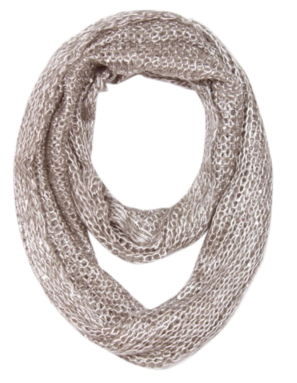 Taupe chunky knit infinity loop scarf featuring a soft acrylic weave with delicate shimmering sequin details.