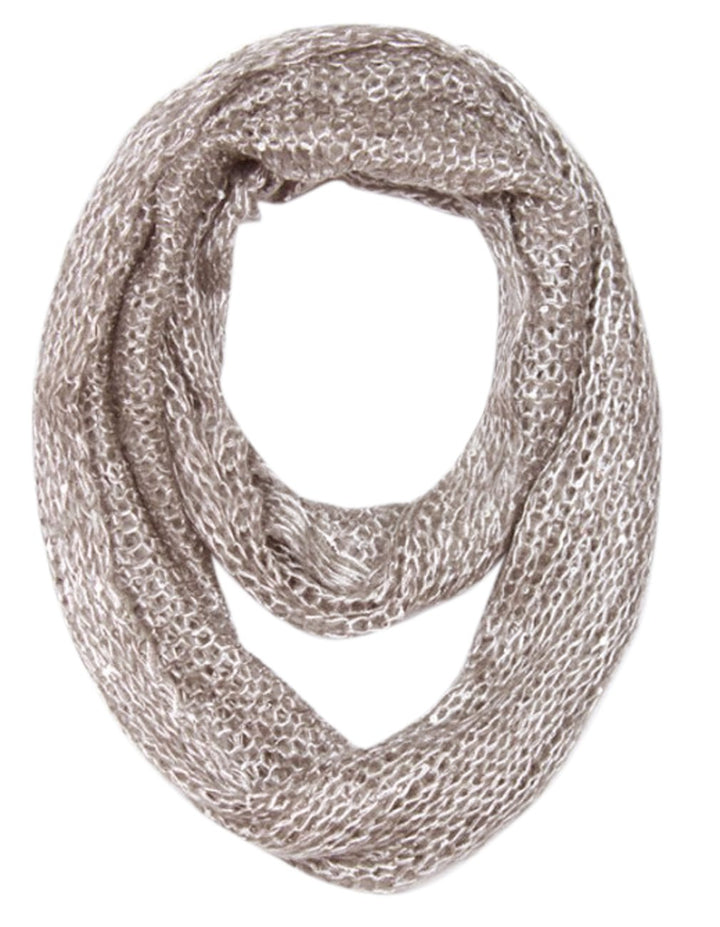 Taupe chunky knit infinity loop scarf featuring a soft acrylic weave with delicate shimmering sequin details.