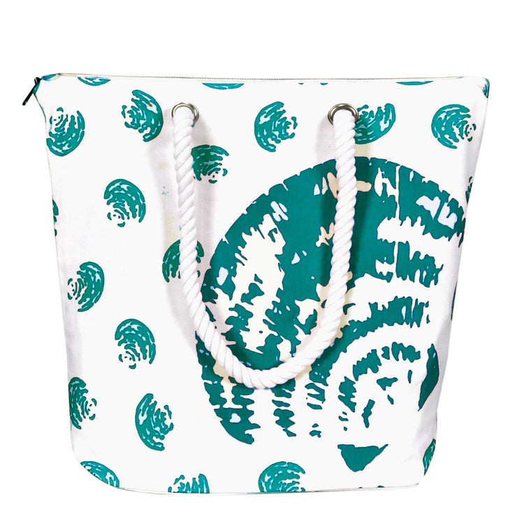 100% Cotton Seashells Print Canvas Classy Beach Tote Handbags - Green