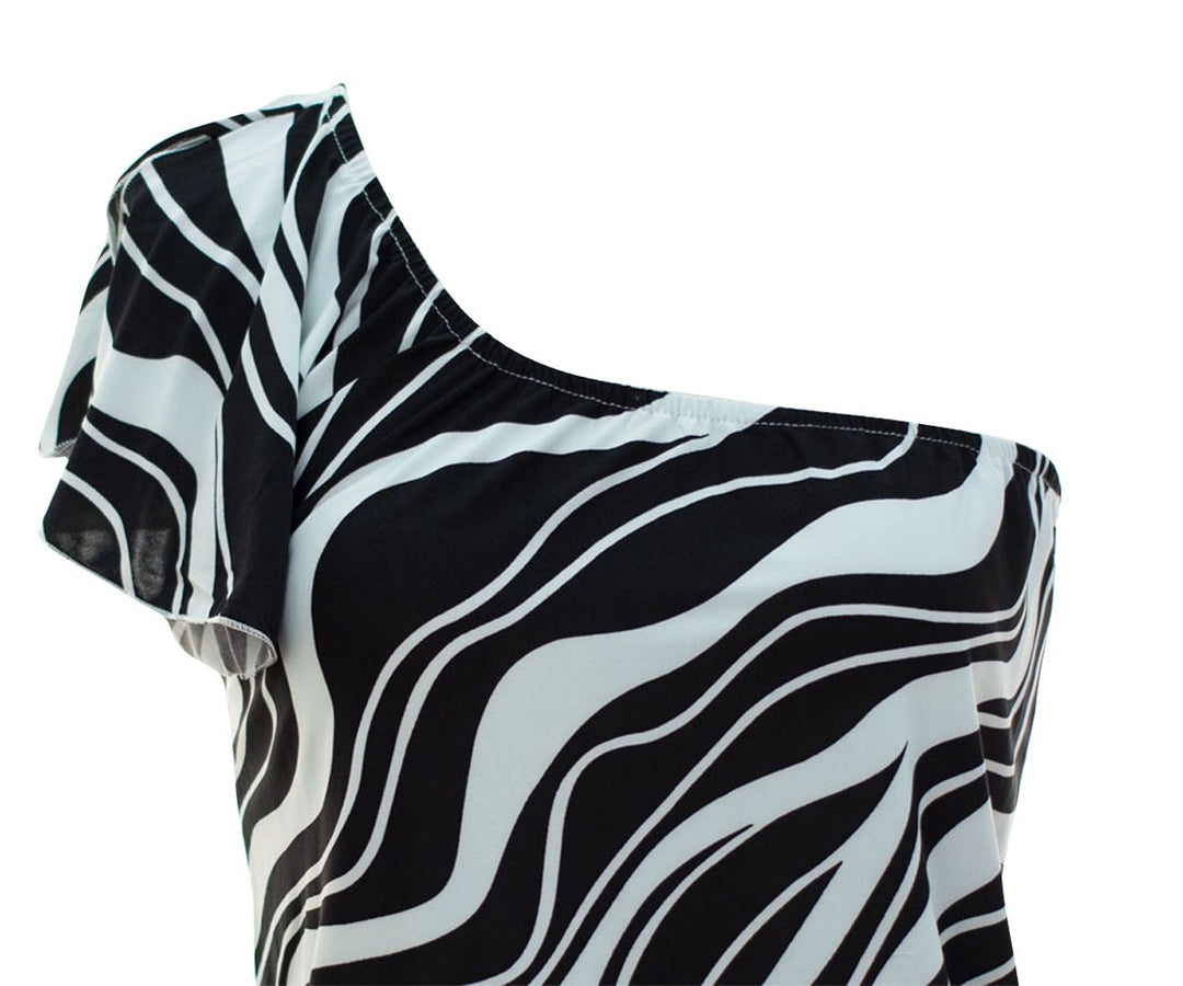Women's Wave Print Shirred Waist One Shoulder Tops
