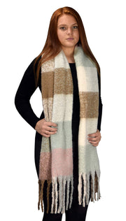 Winter Soft and Warm Casual Knitted Plaid Chunky Wrap Scarf with Tassels Pink Teal
