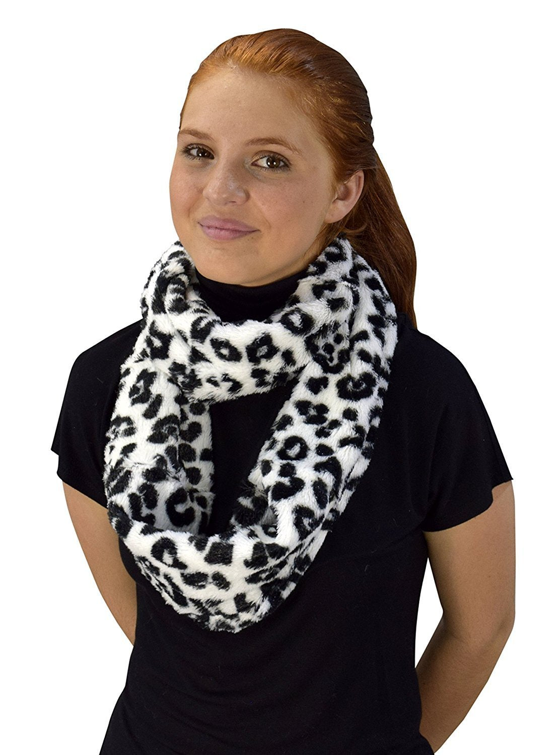 Insulated Faux Fur Leopard Print Plush Cowl Infinity Loop Scarf