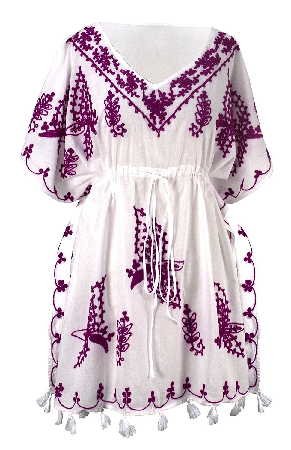 White cotton cover-up kaftan beachwear tunic in a relaxed one-size-fits-most design.