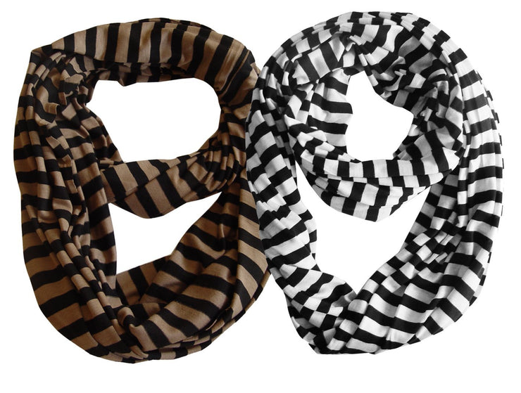 Taupe Black and White Peach Couture Lightweight 100% Cotton Striped Jersey Infinity Loop Scarf 2 Pack