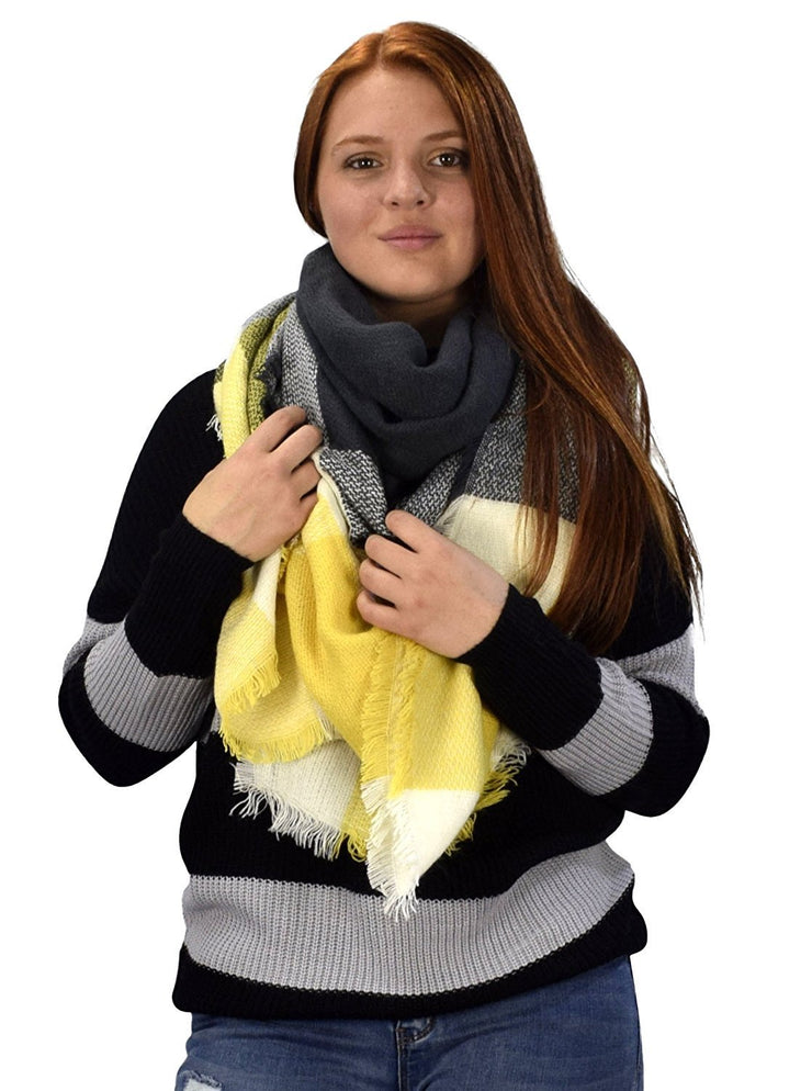 Yellow Gray Warm Woven Oversized Tartan Plaid Blanket Scarf Shawl