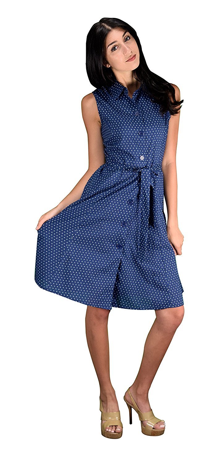 Peach Couture Navy Polka Dot Vintage Retro Button Up Party Dress with Belt