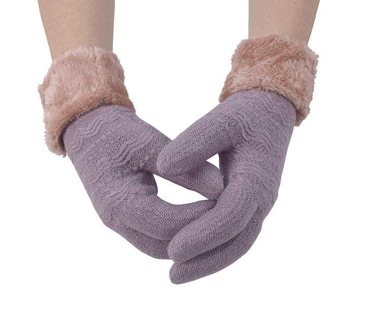 Classic Cable Knit Plush Fleece Lined Double Layer Winter Gloves Mauve