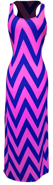 Women's Chevron Boho Chic Maxi Spring Summer Dress 2 Tone (XL, Pink/Navy)