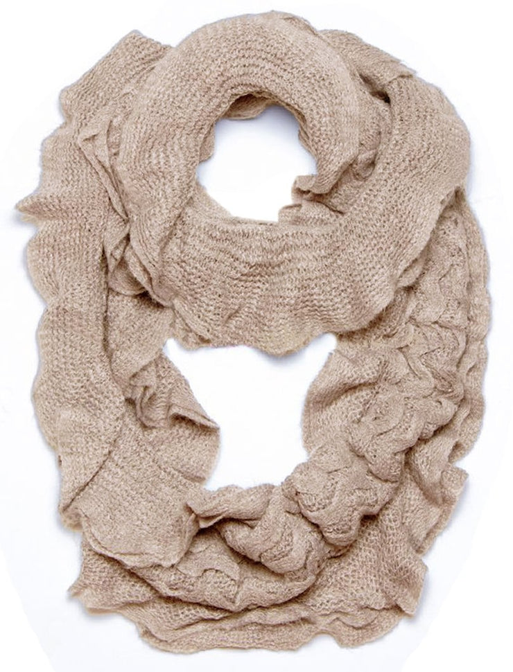 Beige Peach Couture Trendy and Chic Ruffle Edge Thick Knitted Circle Infinity Loop Scarf