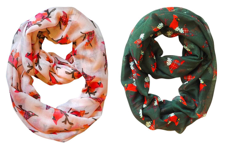 Peach and Hunter Green Peach Couture Beautiful Vintage Two Colored Plaid Bird Print Infinity Loop Scarfs in 2 pack