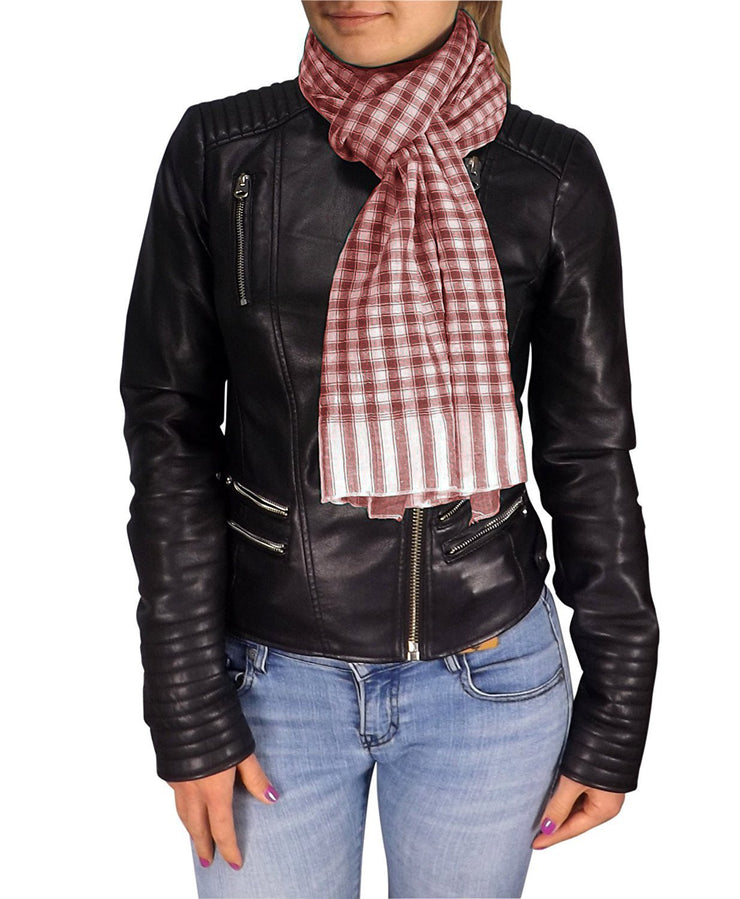 Maroon Peach Couture Unisex Stylish Checkered Plaid Crinkled All Season Cotton Scarf Wrap