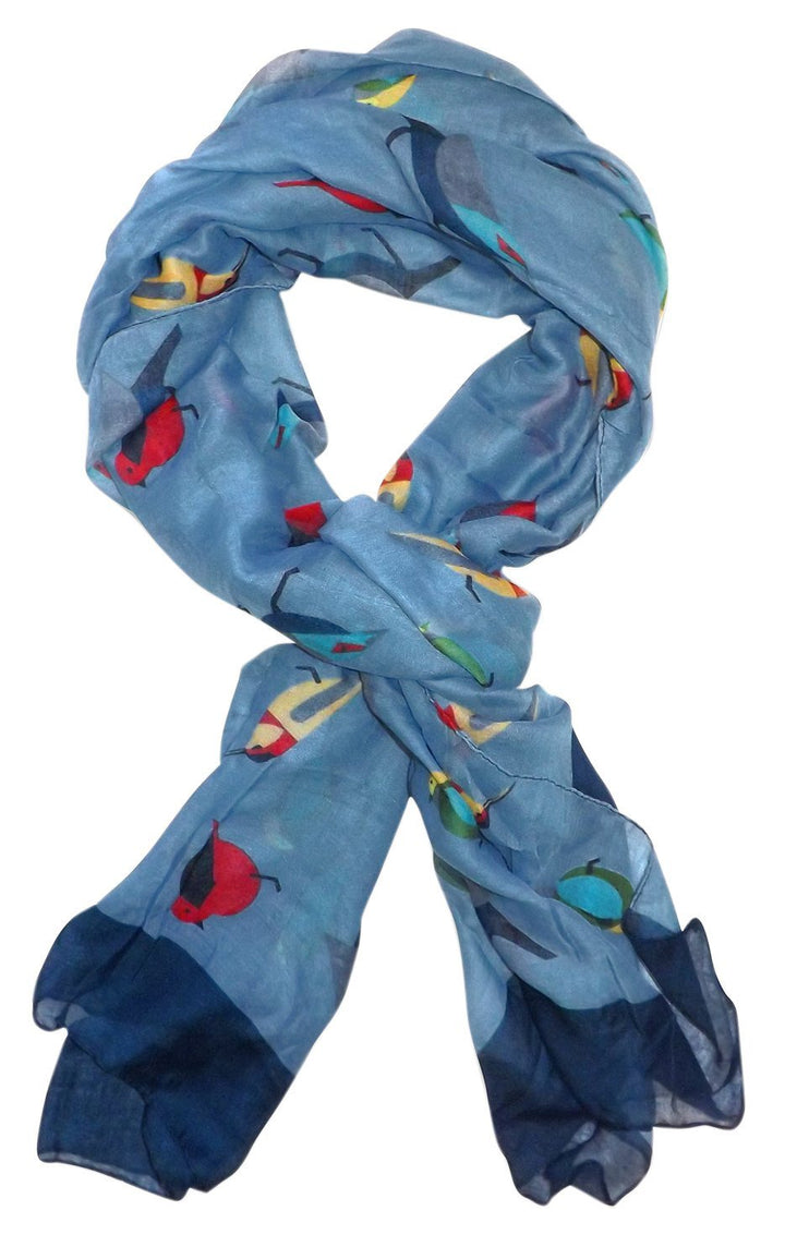 Lightweight light blue summer and fall scarf featuring a multicolor graphic bird print for women