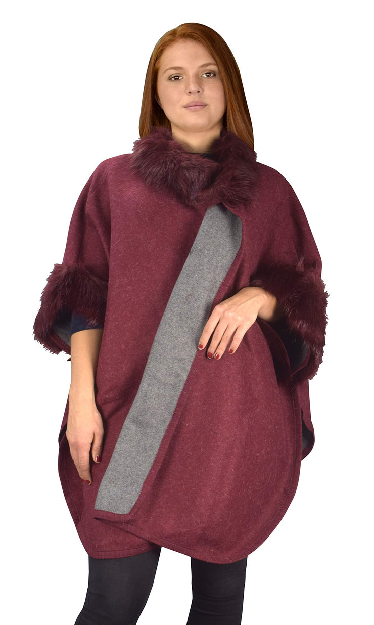 Womens Faux Fur Relaxed Fit Poncho Cape Pullover Sweater