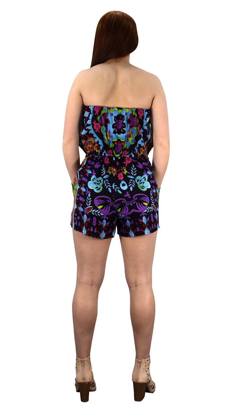 Bohemian Floral Print Drawstring Waist Strapless Rompers