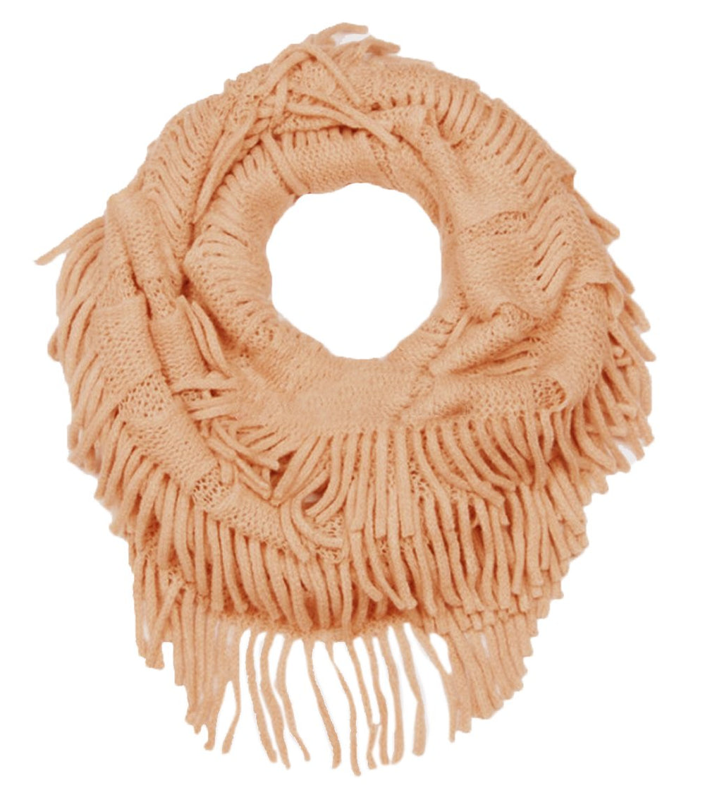Cozy women's winter knitted infinity loop scarf featuring a white and grey square pattern.