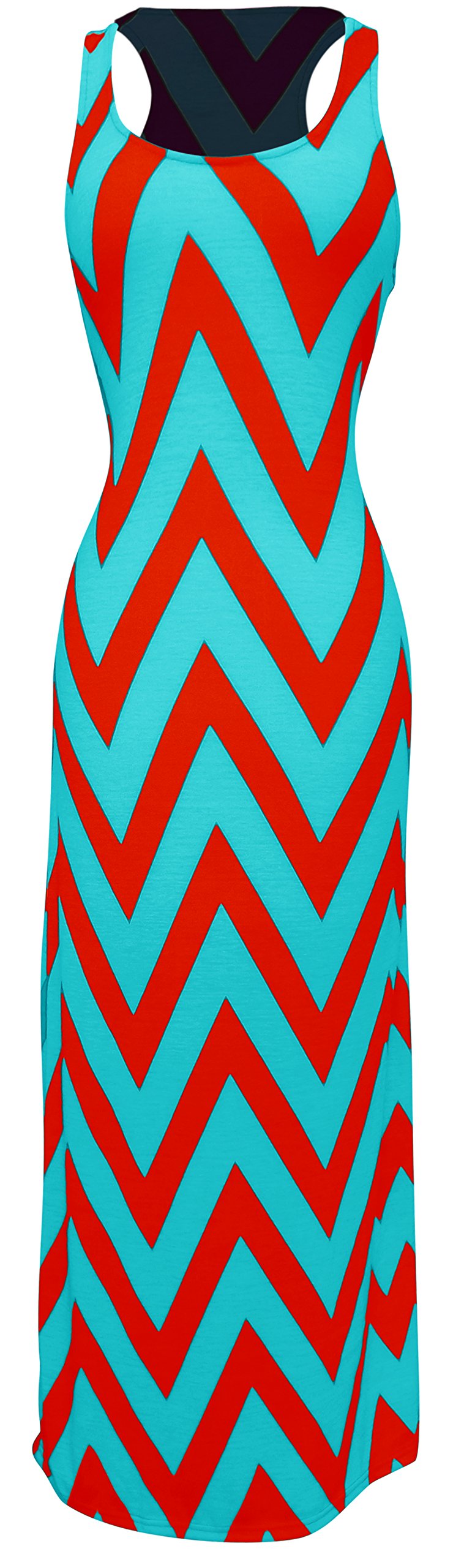 Women's Chevron Boho Chic Maxi Spring Summer Dress 2 Tone (Medium, Red/Aqua)